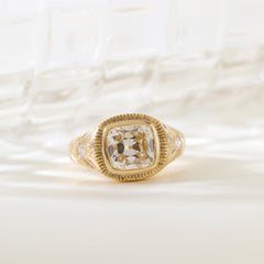 14K Yellow Gold 2.33CT Cushion Old Mine Cut Lab Diamond Hand - Engraved Flower Details Bezel Set Ring - MMR