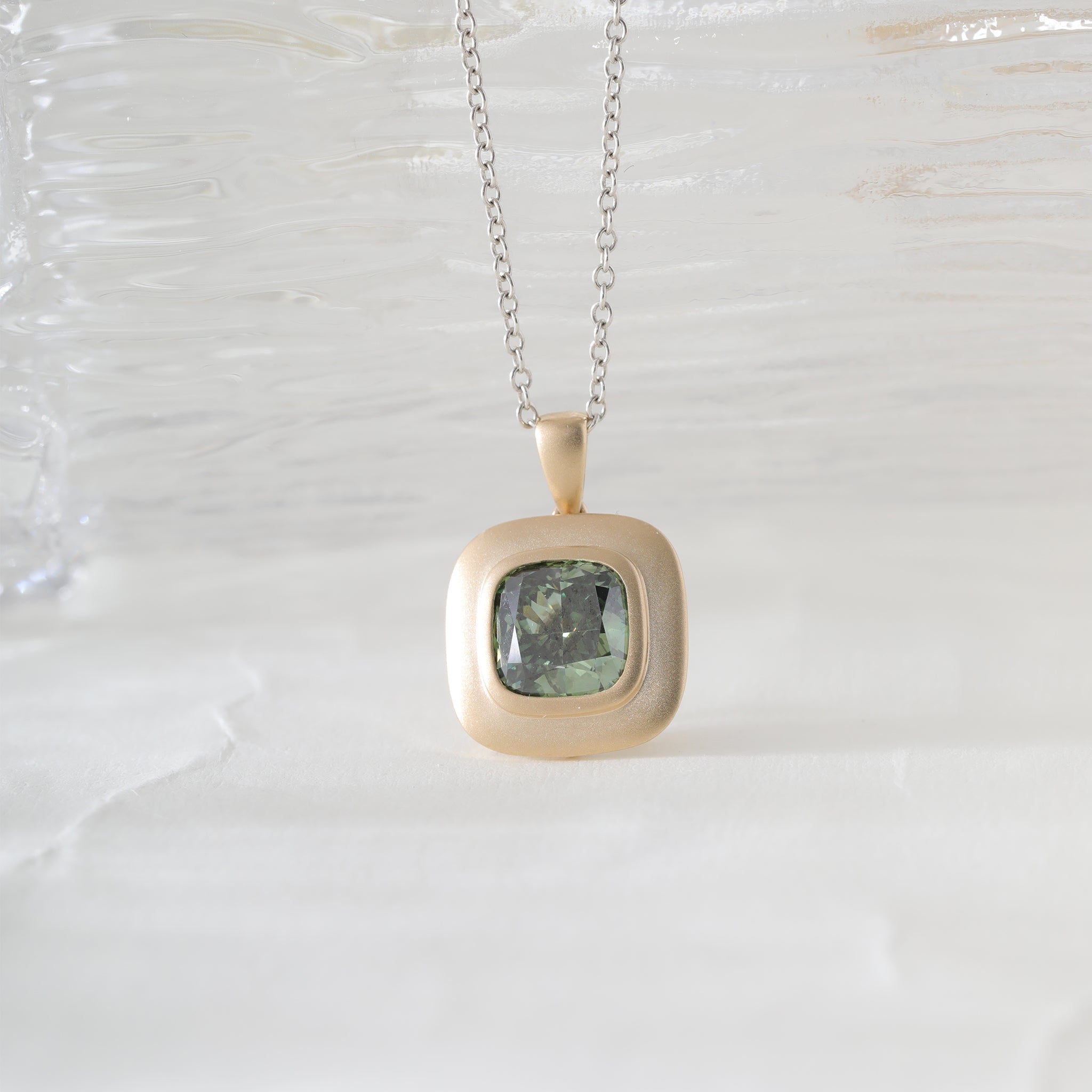 14K Yellow Gold 2.33CT Green Square Cushion Cut Diamond Bezel Set Pendant - MMR