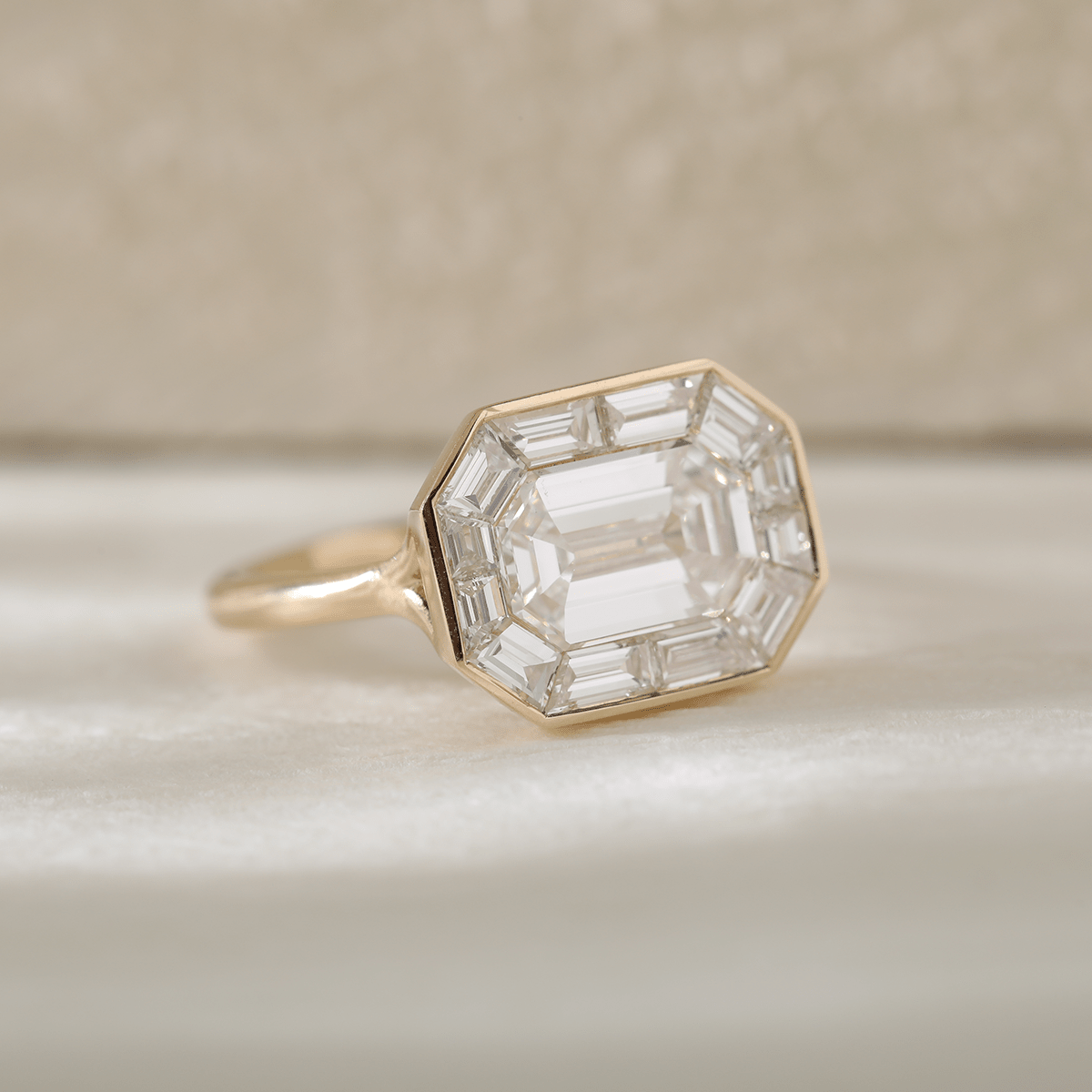14K Yellow Gold 2.36CT Emerald - Cut Lab Diamond East - West Design Ring with Tapered Baguette Cut Halo - MMR