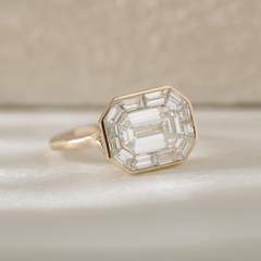 14K Yellow Gold 2.36CT Emerald - Cut Lab Diamond East - West Design Ring with Tapered Baguette Cut Halo - MMR