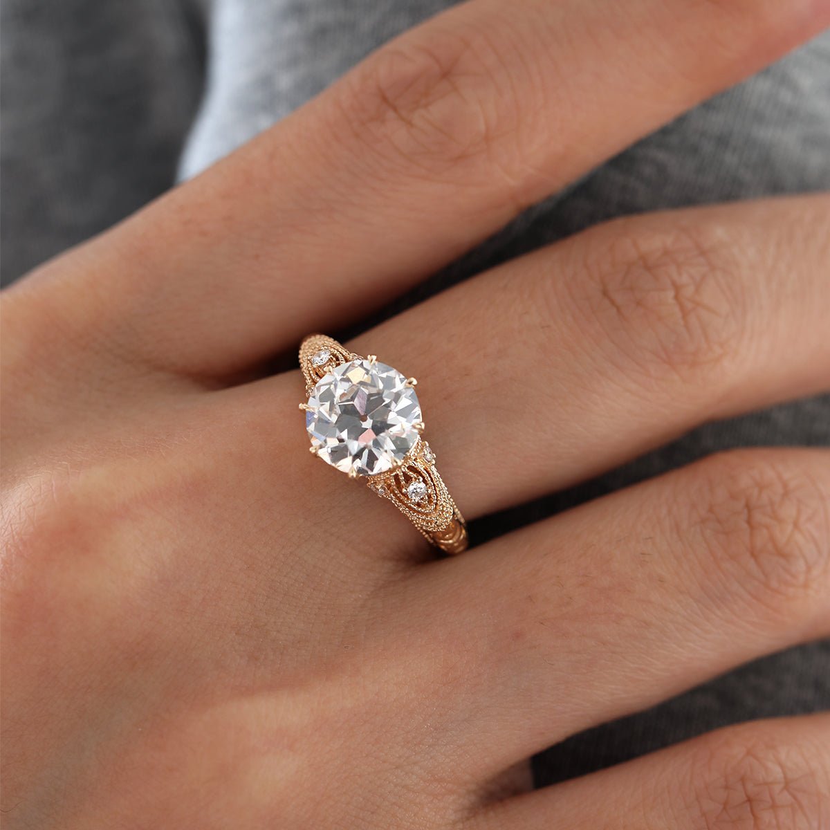 14K Yellow Gold 2.55CT Old European Cut Lab Diamond Hand - engraved Beaded Design Ring Paired Lab Diamonds - MMR