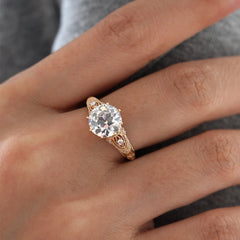 14K Yellow Gold 2.55CT Old European Cut Lab Diamond Hand - engraved Beaded Design Ring Paired Lab Diamonds - MMR