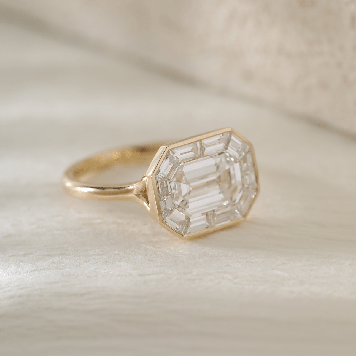14K Yellow Gold 2.5ct Antique Emerald Cut Lab Diamond Ring with Tapered Step Cut Lab Diamond Halo - MMR