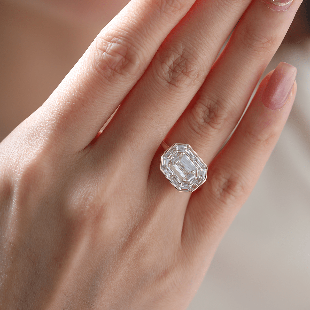 14K Yellow Gold 2.5ct Antique Emerald Cut Lab Diamond Ring with Tapered Step Cut Lab Diamond Halo - MMR