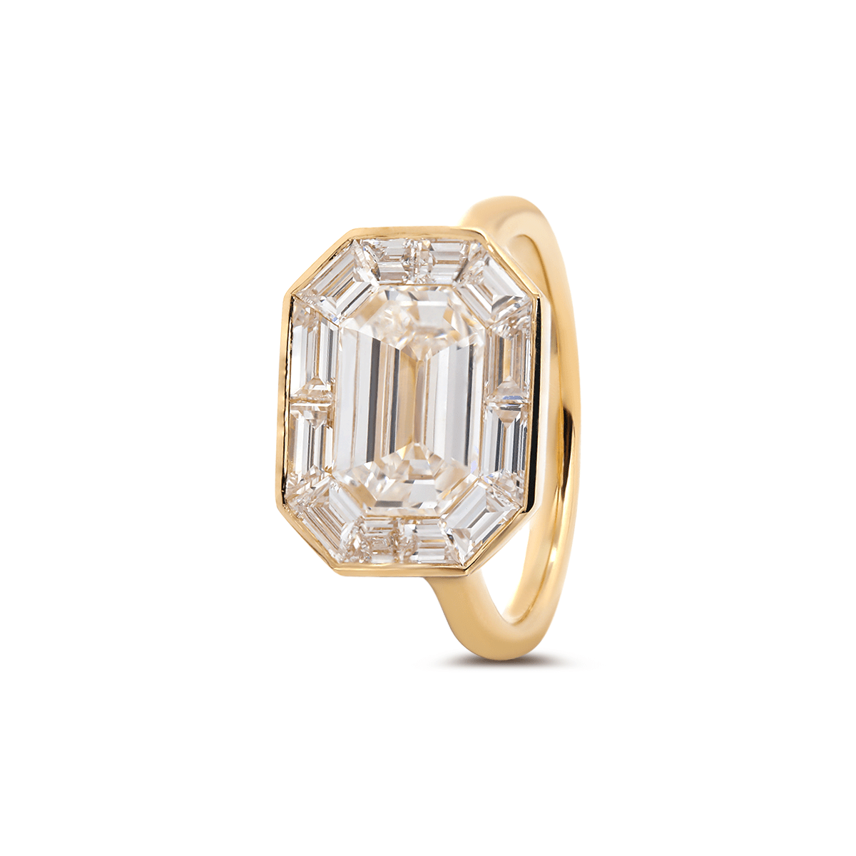 14K Yellow Gold 2.5ct Antique Emerald Cut Lab Diamond Ring with Tapered Step Cut Lab Diamond Halo - MMR