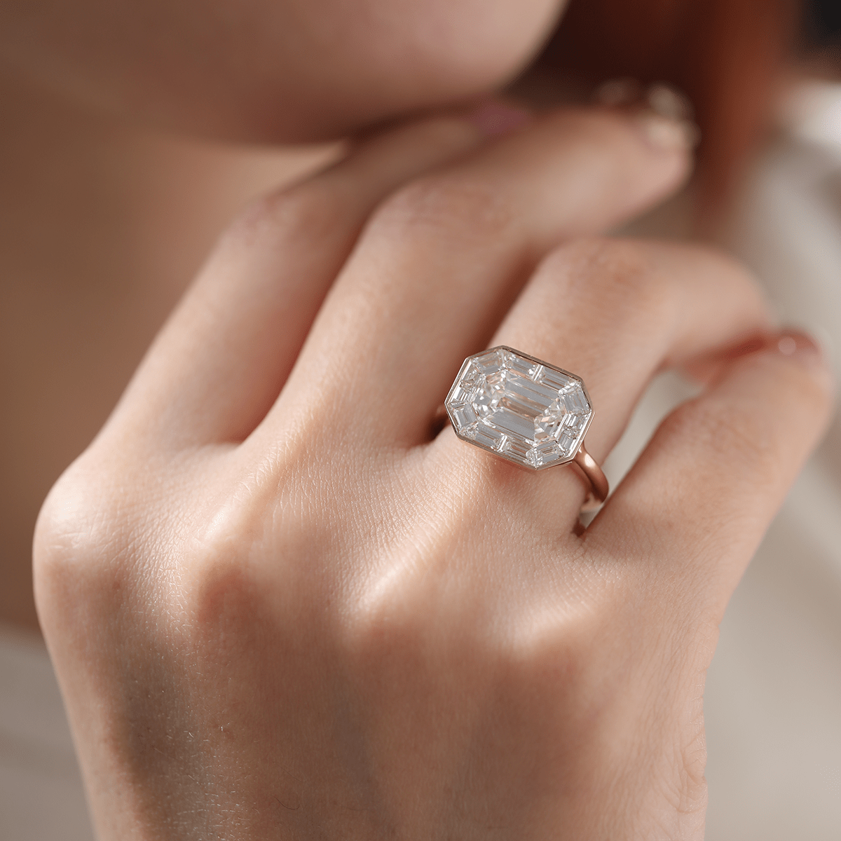 14K Yellow Gold 2.5ct Antique Emerald Cut Lab Diamond Ring with Tapered Step Cut Lab Diamond Halo - MMR