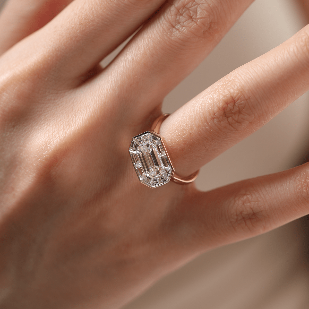 14K Yellow Gold 2.5ct Antique Emerald Cut Lab Diamond Ring with Tapered Step Cut Lab Diamond Halo - MMR