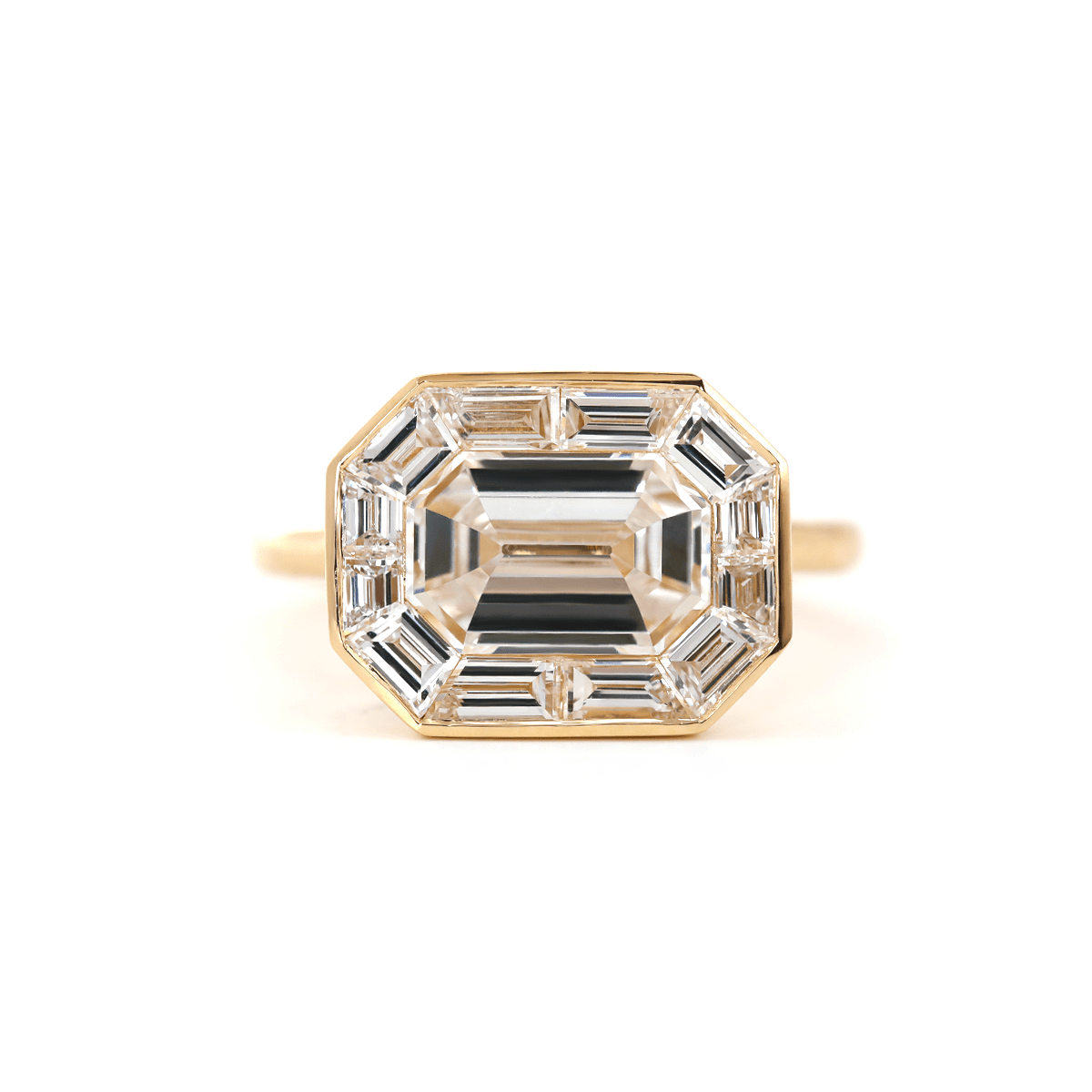 14K Yellow Gold 2.5ct Antique Emerald Cut Lab Diamond Ring with Tapered Step Cut Lab Diamond Halo - MMR