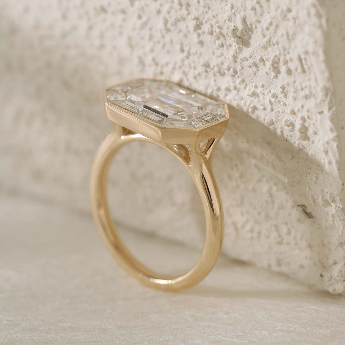 14K Yellow Gold 2.5ct Antique Emerald Cut Lab Diamond Ring with Tapered Step Cut Lab Diamond Halo - MMR