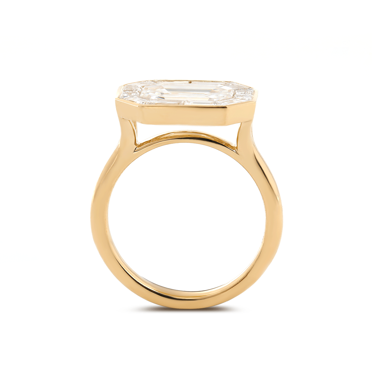 14K Yellow Gold 2.5ct Antique Emerald Cut Lab Diamond Ring with Tapered Step Cut Lab Diamond Halo - MMR