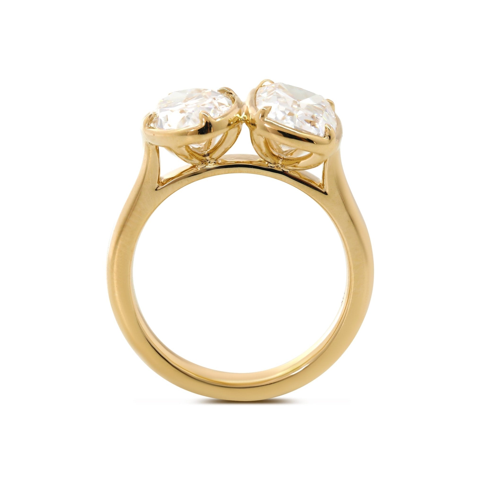 14K Yellow Gold 2.5ct Elongated Old Mine Cut and 2ct Oval Old Mine Cut Lab Diamond Prong Bezel Toi et Moi Ring - MMR