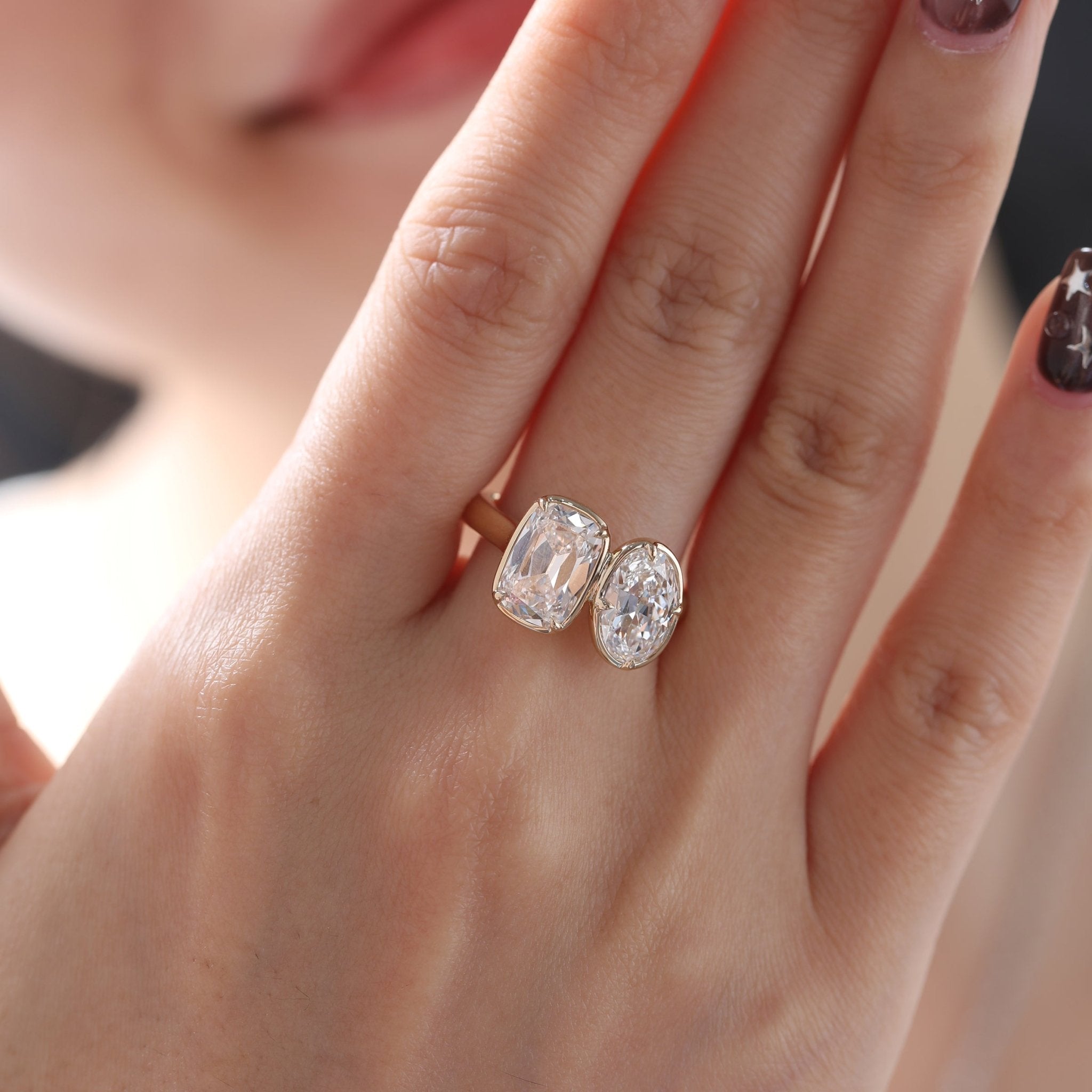 14K Yellow Gold 2.5ct Elongated Old Mine Cut and 2ct Oval Old Mine Cut Lab Diamond Prong Bezel Toi et Moi Ring - MMR