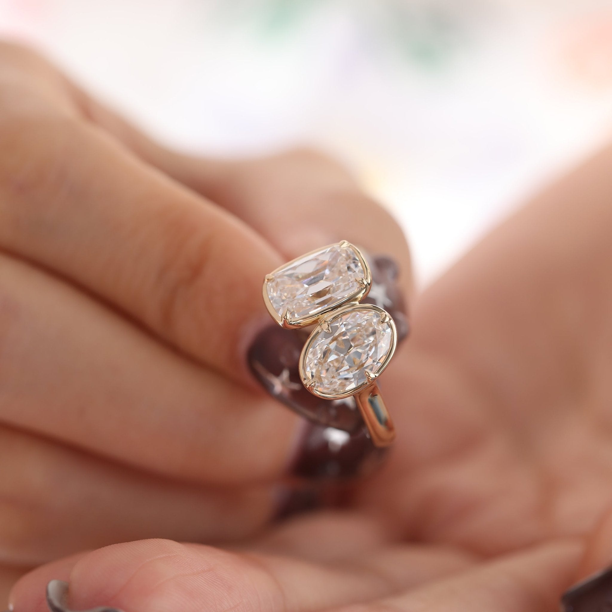 14K Yellow Gold 2.5ct Elongated Old Mine Cut and 2ct Oval Old Mine Cut Lab Diamond Prong Bezel Toi et Moi Ring - MMR