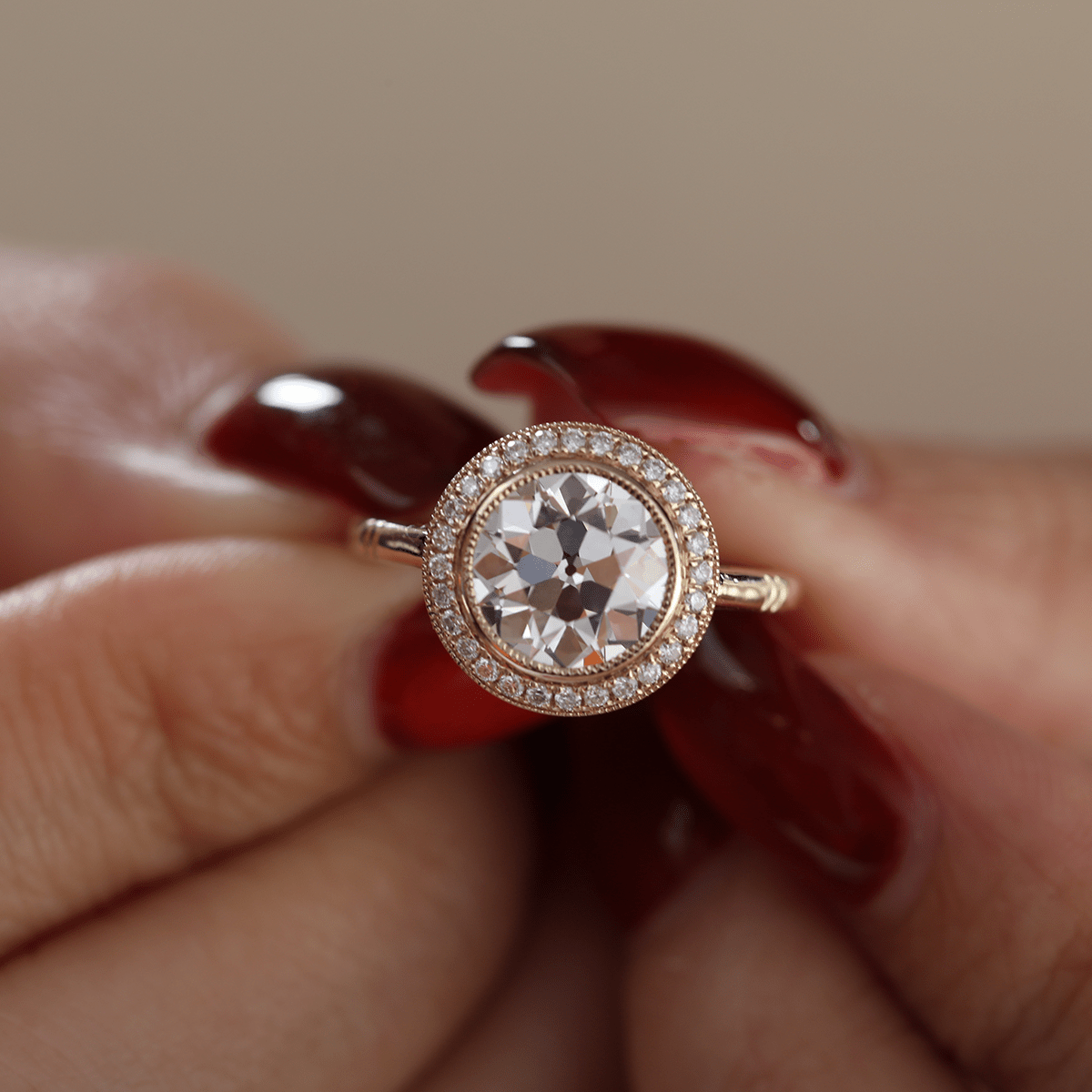 14K Yellow Gold 2.5ct Old European Cut Lab Diamond Edwardian Style Ring with Round Lab Diamond Halo Ring - MMR