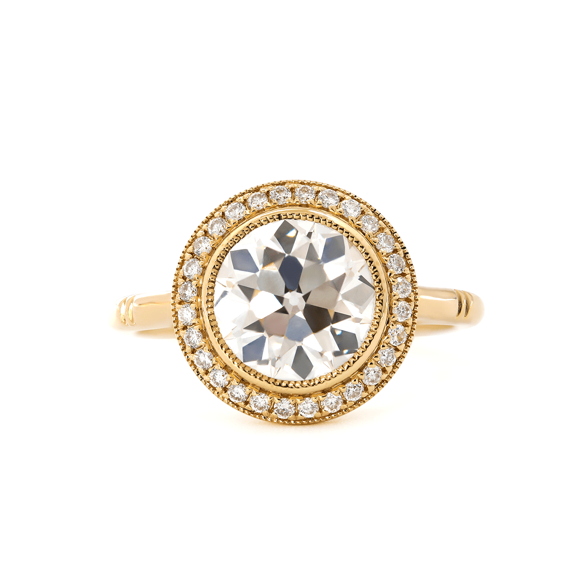 14K Yellow Gold 2.5ct Old European Cut Lab Diamond Edwardian Style Ring with Round Lab Diamond Halo Ring - MMR