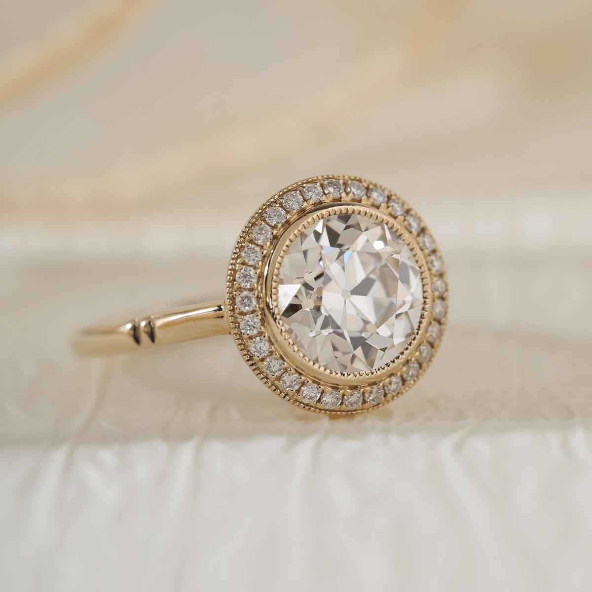 14K Yellow Gold 2.5ct Old European Cut Lab Diamond Edwardian Style Ring with Round Lab Diamond Halo Ring - MMR