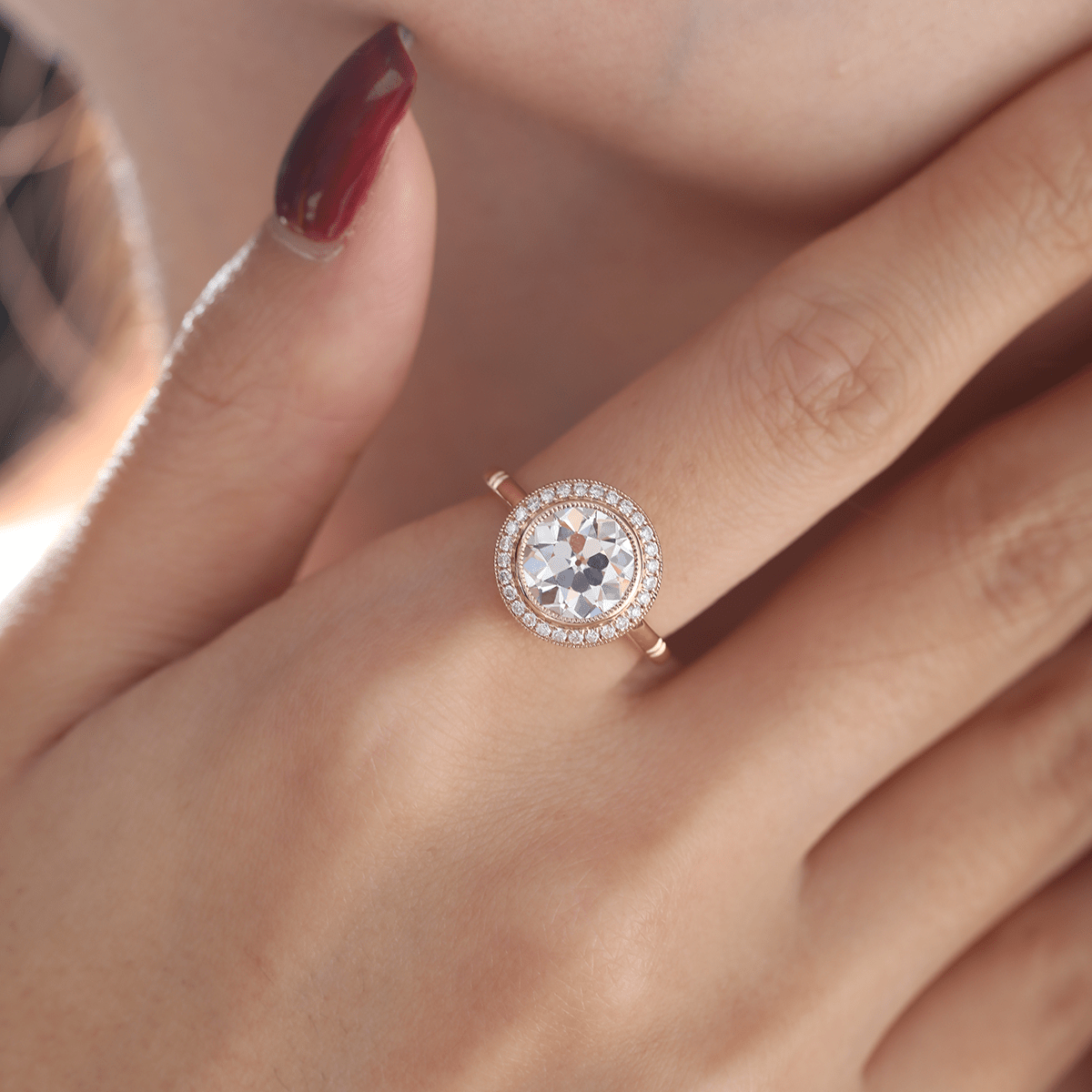 14K Yellow Gold 2.5ct Old European Cut Lab Diamond Edwardian Style Ring with Round Lab Diamond Halo Ring - MMR