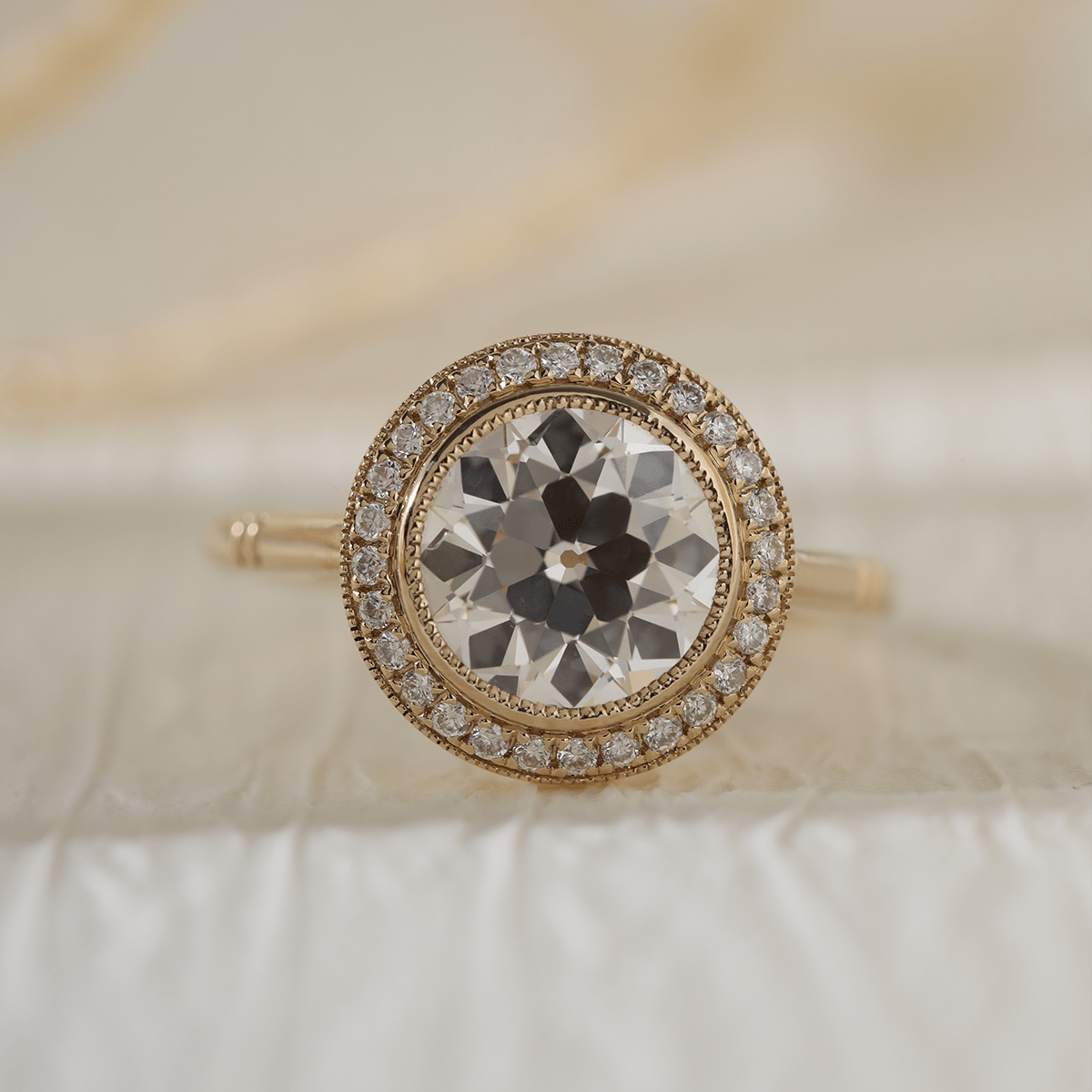 14K Yellow Gold 2.5ct Old European Cut Lab Diamond Edwardian Style Ring with Round Lab Diamond Halo Ring - MMR