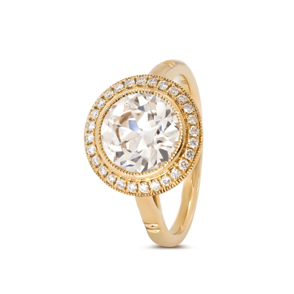 14K Yellow Gold 2.5ct Old European Cut Lab Diamond Edwardian Style Ring with Round Lab Diamond Halo Ring - MMR