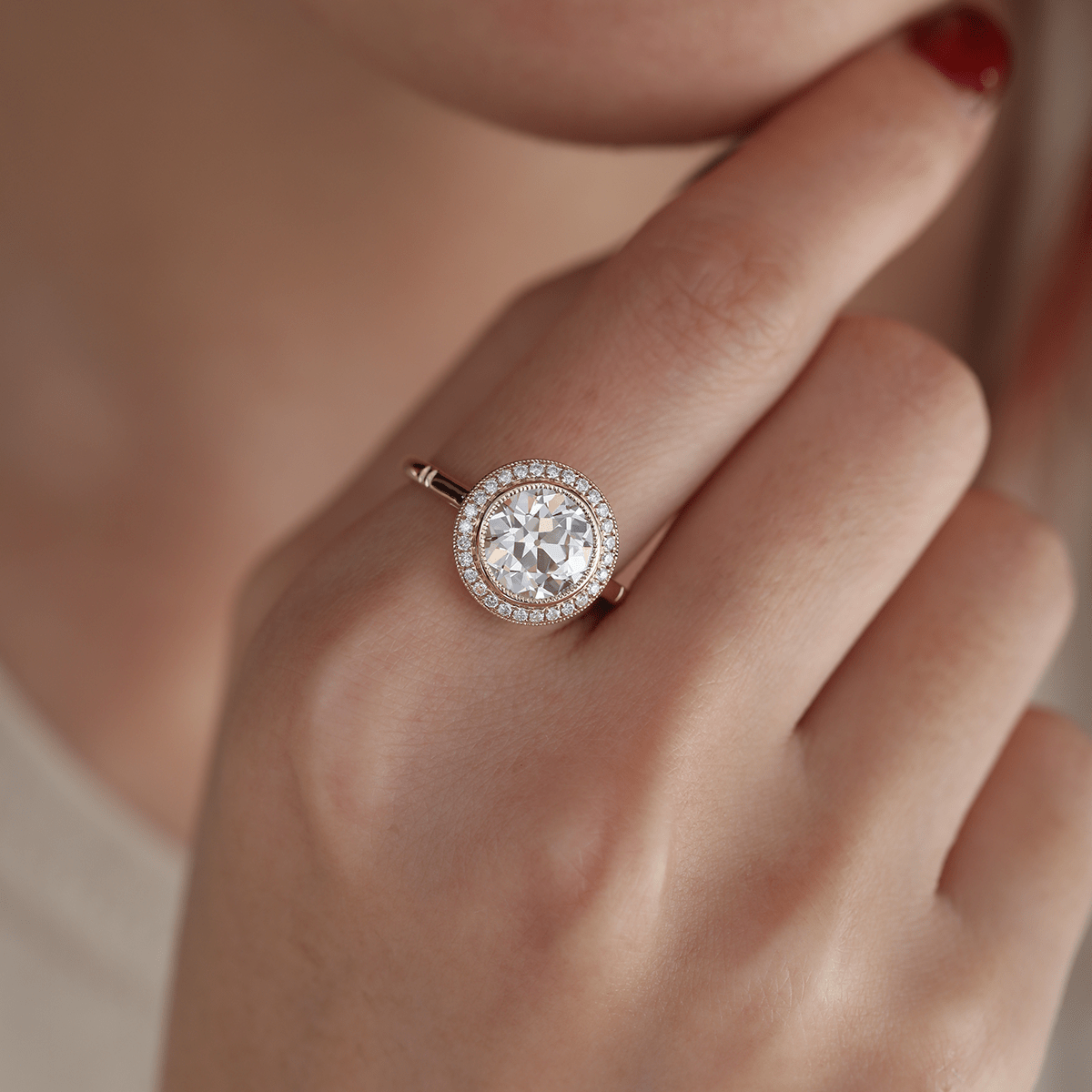 14K Yellow Gold 2.5ct Old European Cut Lab Diamond Edwardian Style Ring with Round Lab Diamond Halo Ring - MMR