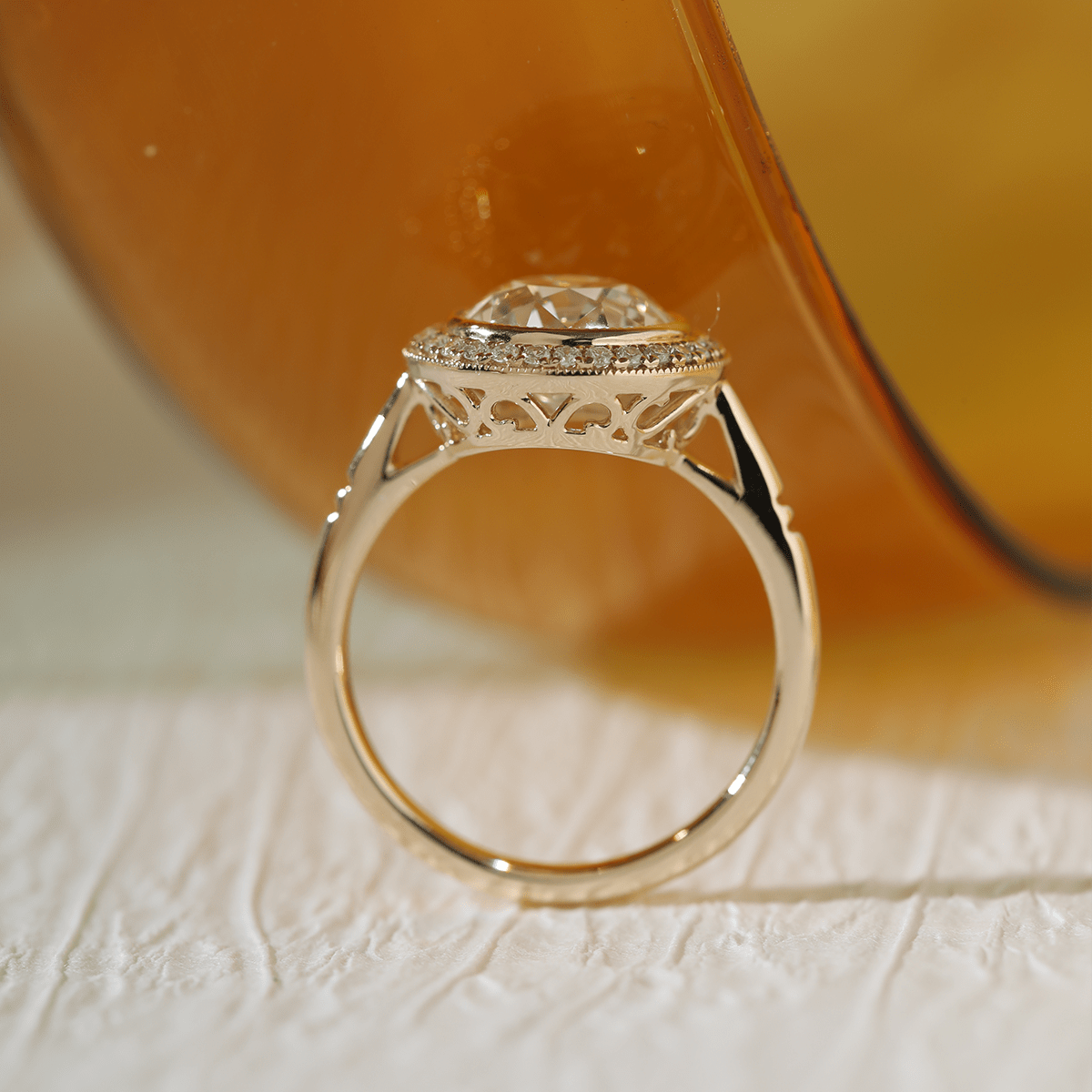 14K Yellow Gold 2.5ct Old European Cut Lab Diamond Edwardian Style Ring with Round Lab Diamond Halo Ring - MMR