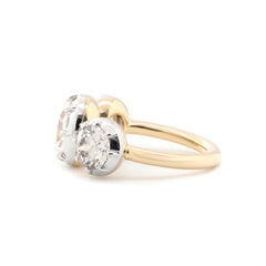 14K Yellow Gold 2.74CT Cushion Old Mine Cut Three - Stone White Rhodium Ring with OEC Side Diamonds - MMR
