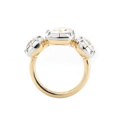 14K Yellow Gold 2.74CT Cushion Old Mine Cut Three - Stone White Rhodium Ring with OEC Side Diamonds - MMR