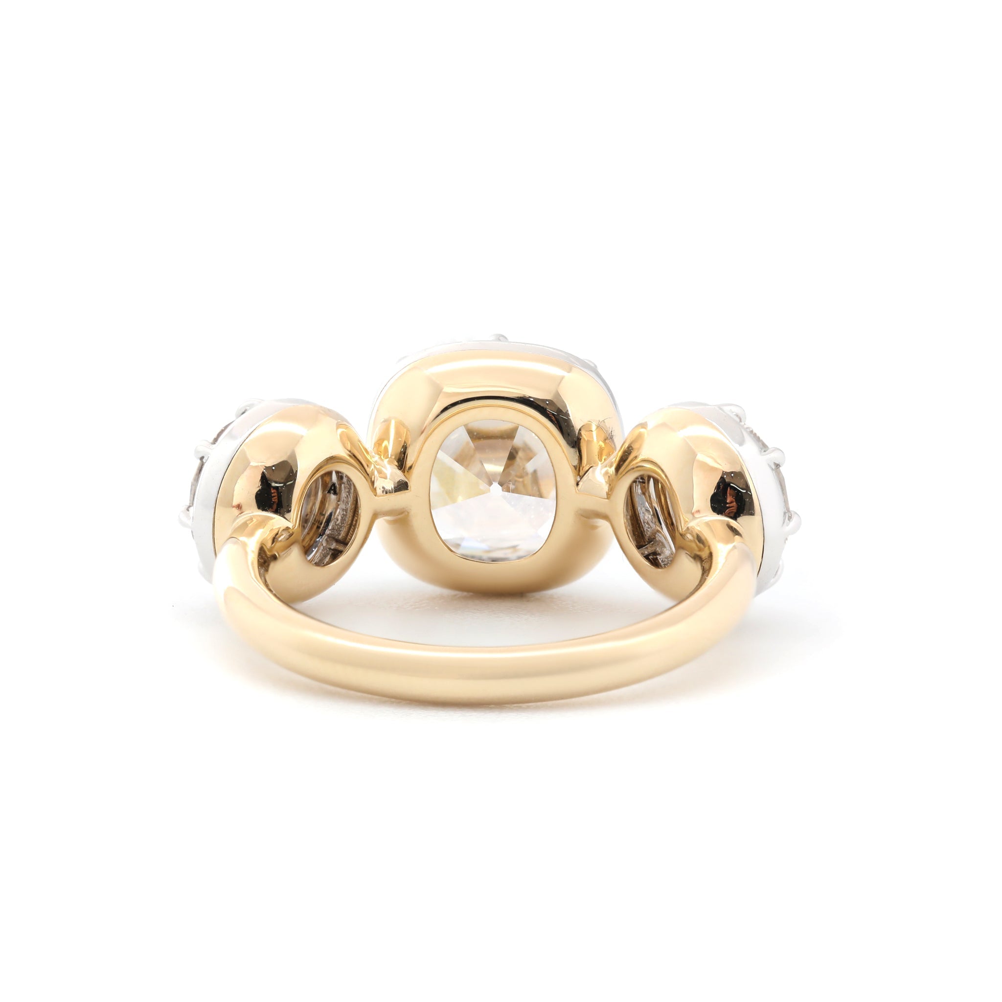 14K Yellow Gold 2.74CT Cushion Old Mine Cut Three - Stone White Rhodium Ring with OEC Side Diamonds - MMR