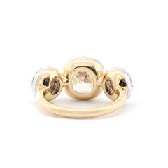 14K Yellow Gold 2.74CT Cushion Old Mine Cut Three - Stone White Rhodium Ring with OEC Side Diamonds - MMR