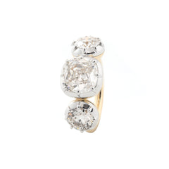 14K Yellow Gold 2.74CT Cushion Old Mine Cut Three - Stone White Rhodium Ring with OEC Side Diamonds - MMR