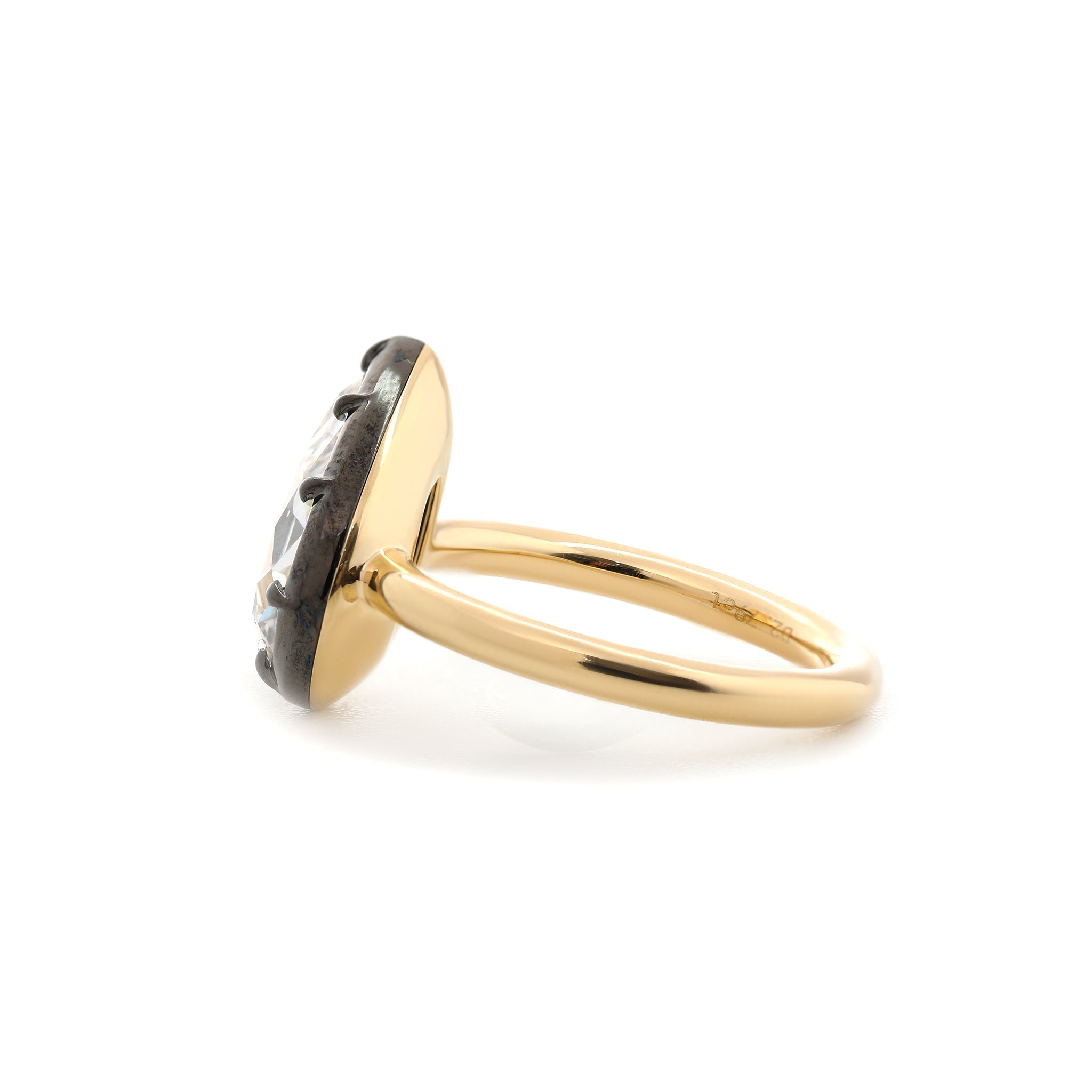 14K Yellow Gold 2.79CT Pear Old Mine Cut Lab Diamond Black Rhodium Plating Bezel Set Ring - MMR