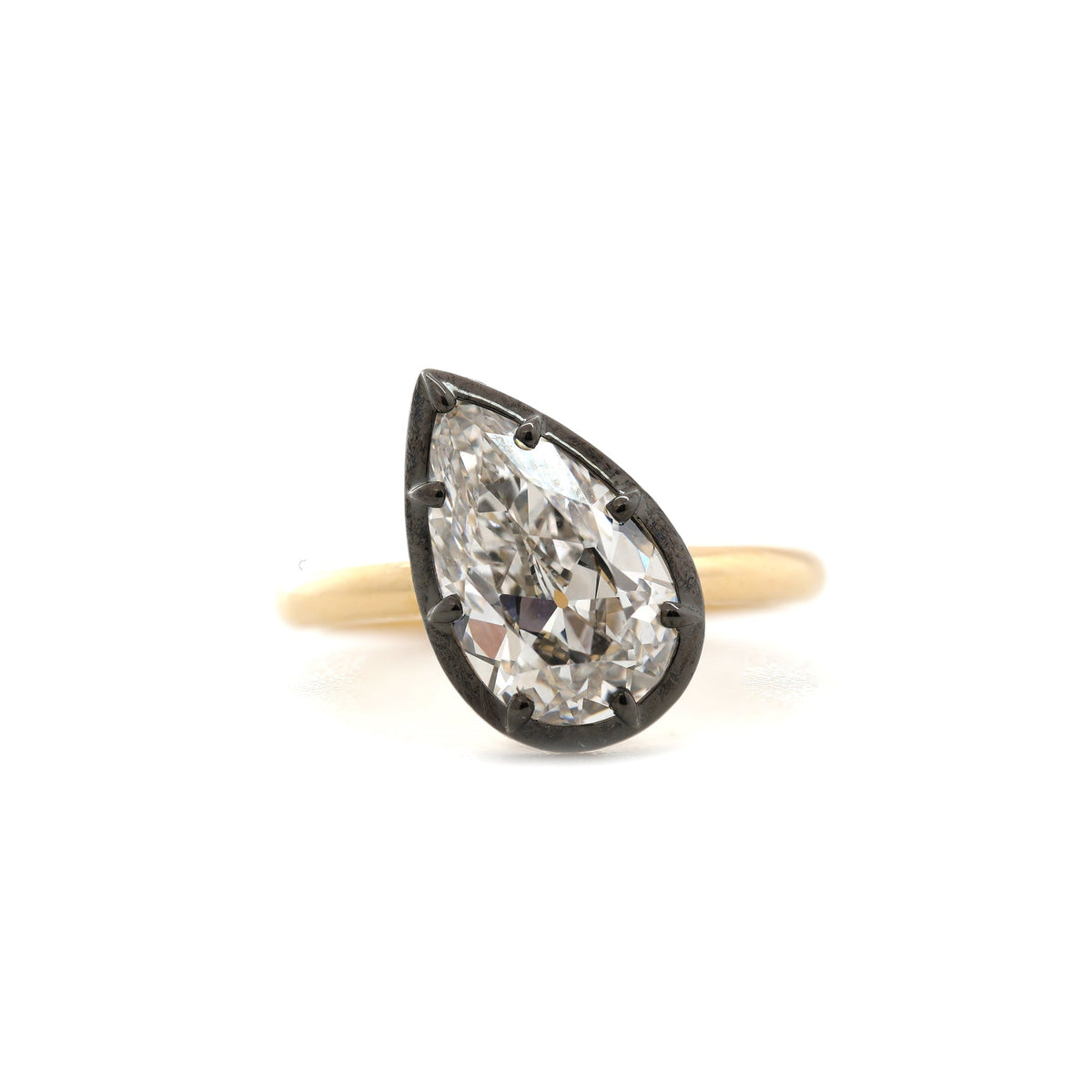 14K Yellow Gold 2.79CT Pear Old Mine Cut Lab Diamond Black Rhodium Plating Bezel Set Ring - MMR