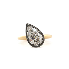14K Yellow Gold 2.79CT Pear Old Mine Cut Lab Diamond Black Rhodium Plating Bezel Set Ring - MMR