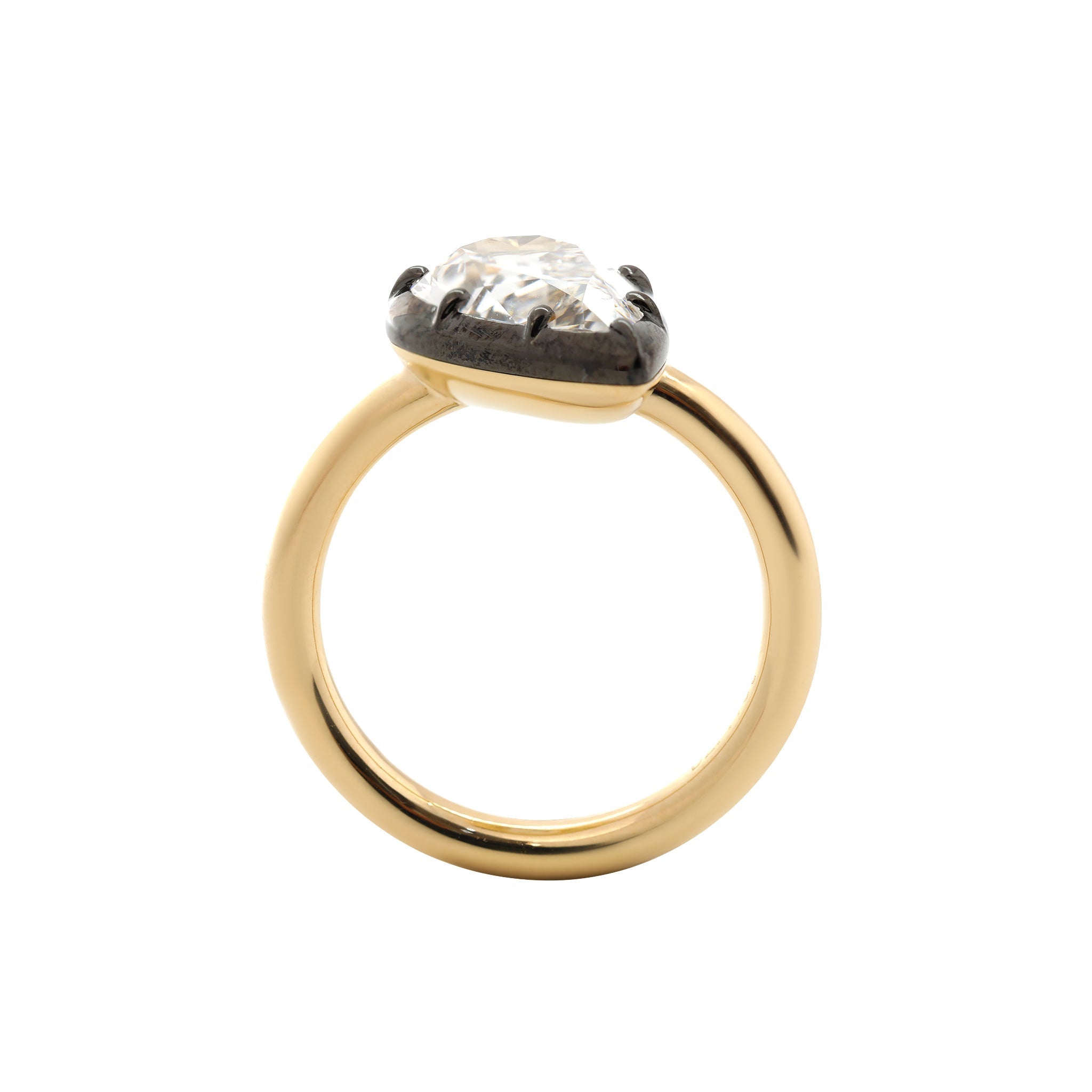14K Yellow Gold 2.79CT Pear Old Mine Cut Lab Diamond Black Rhodium Plating Bezel Set Ring - MMR