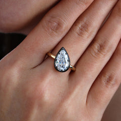 14K Yellow Gold 2.79CT Pear Old Mine Cut Lab Diamond Black Rhodium Plating Bezel Set Ring - MMR
