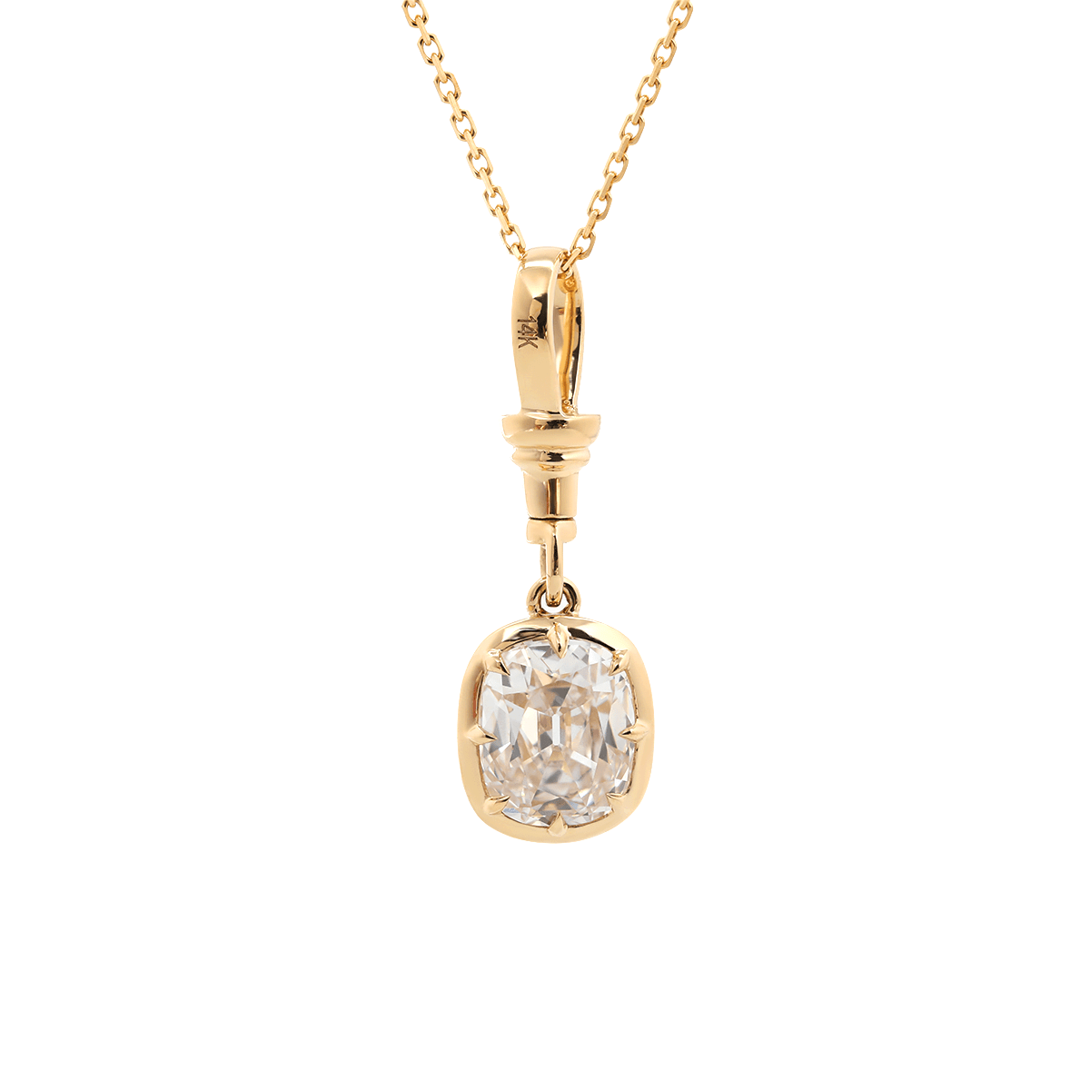 14K Yellow Gold 2ct Elongated Old Mine Cut Lab Diamond Bezel Pendant Necklace with Cross Chain - MMR