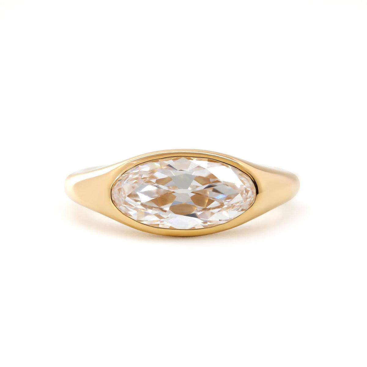 14K Yellow Gold 2ct Elongated Oval Old Mine Cut Lab Diamond Bezel Solitaire Ring - MMR