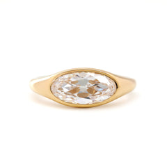 14K Yellow Gold 2ct Elongated Oval Old Mine Cut Lab Diamond Bezel Solitaire Ring - MMR