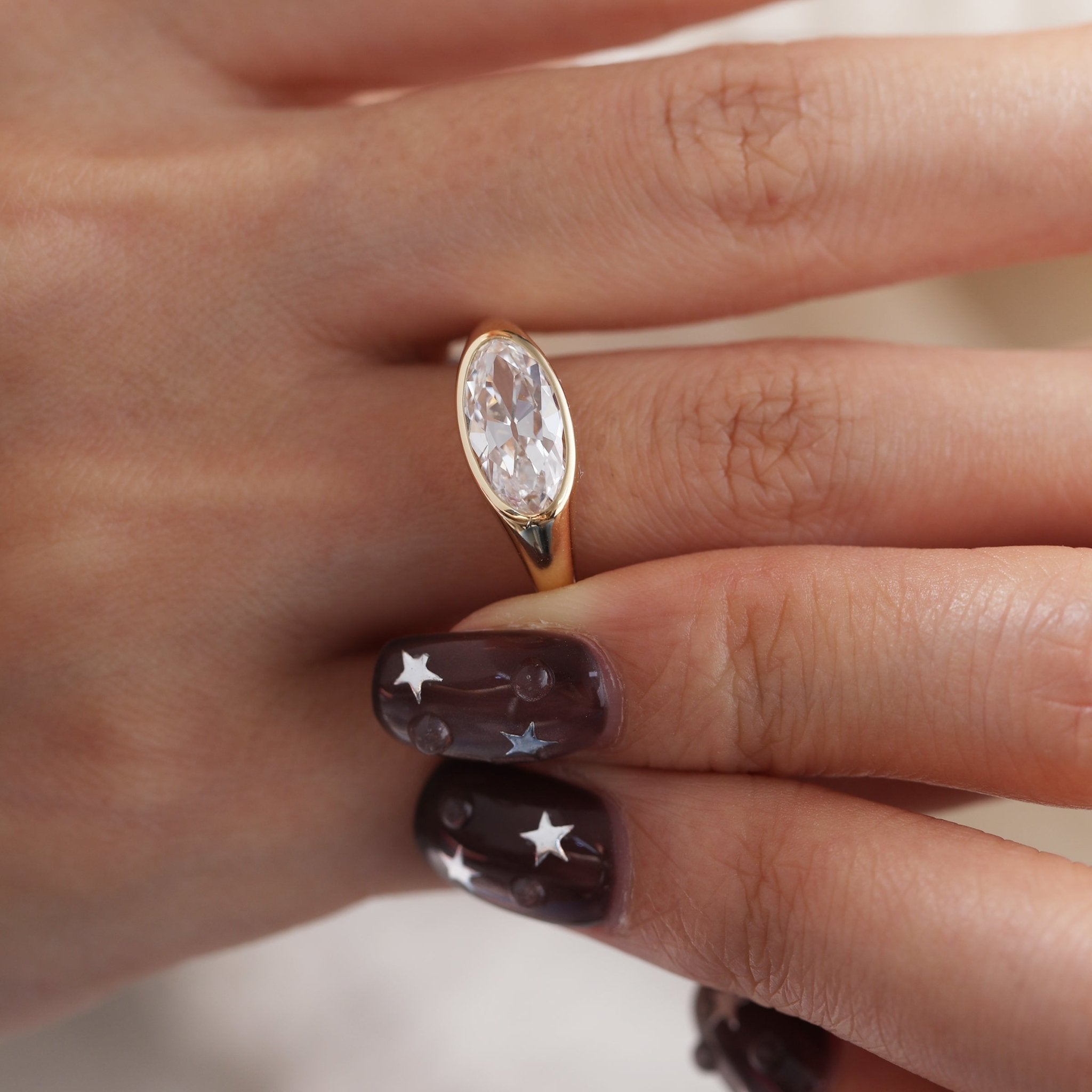 14K Yellow Gold 2ct Elongated Oval Old Mine Cut Lab Diamond Bezel Solitaire Ring - MMR