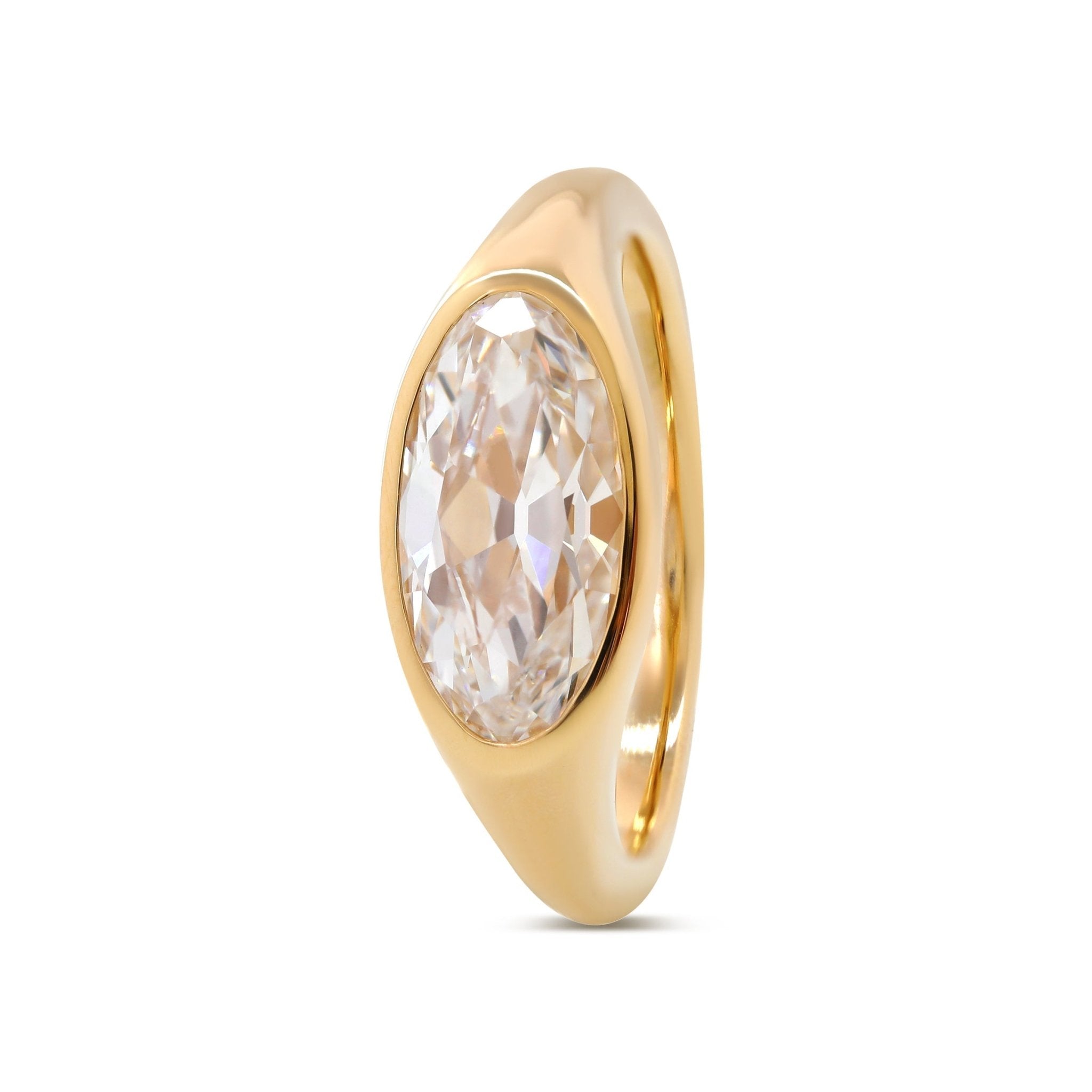 14K Yellow Gold 2ct Elongated Oval Old Mine Cut Lab Diamond Bezel Solitaire Ring - MMR