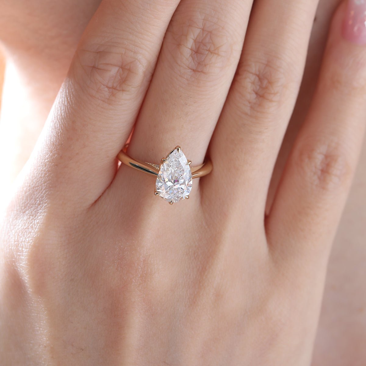 14K Yellow Gold 2ct Pear Cut Lab Diamond 6 Claw Prongs Floral Basket Ring with Hidden Round Diamond Millegrain Pave - MMR