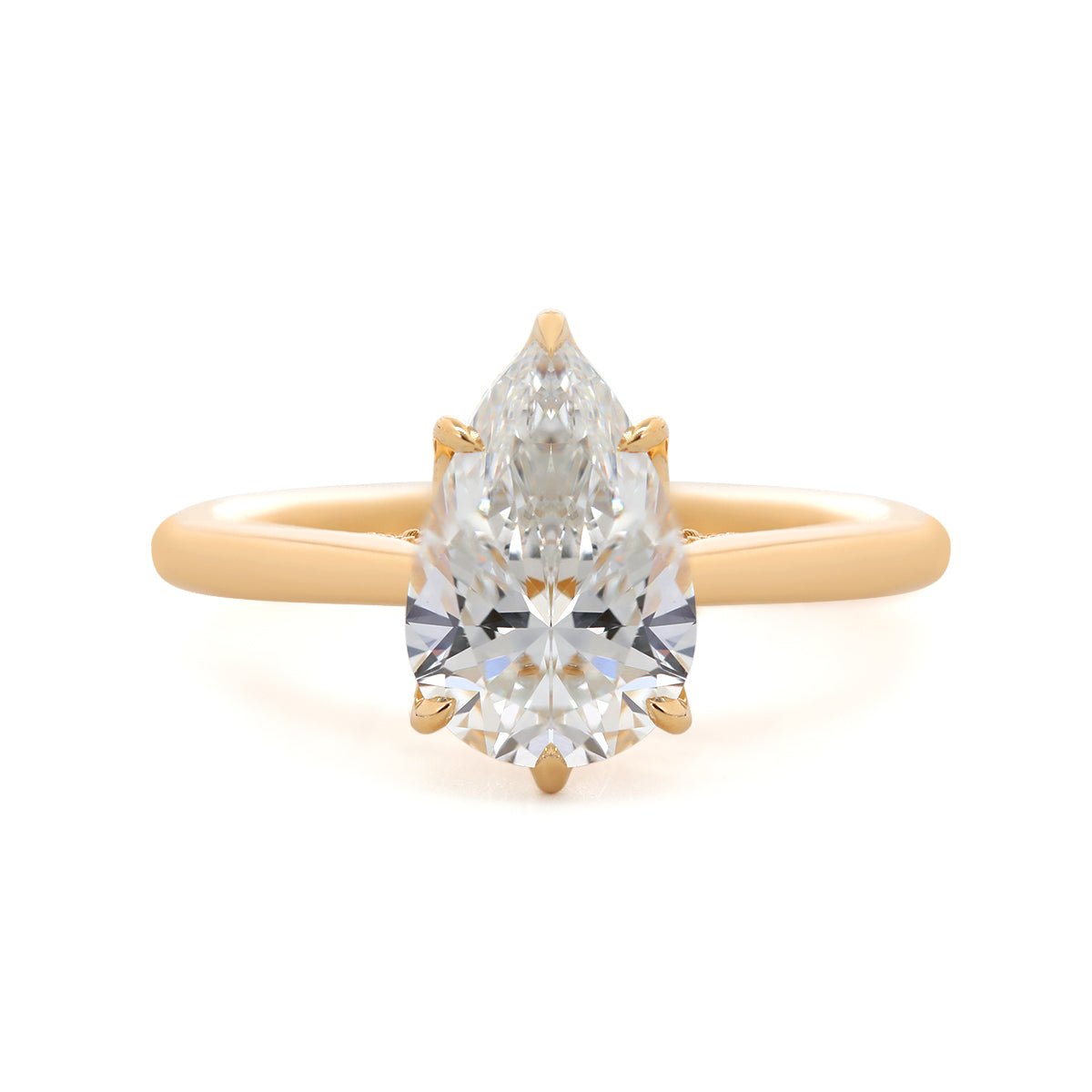 14K Yellow Gold 2ct Pear Cut Lab Diamond 6 Claw Prongs Floral Basket Ring with Hidden Round Diamond Millegrain Pave - MMR