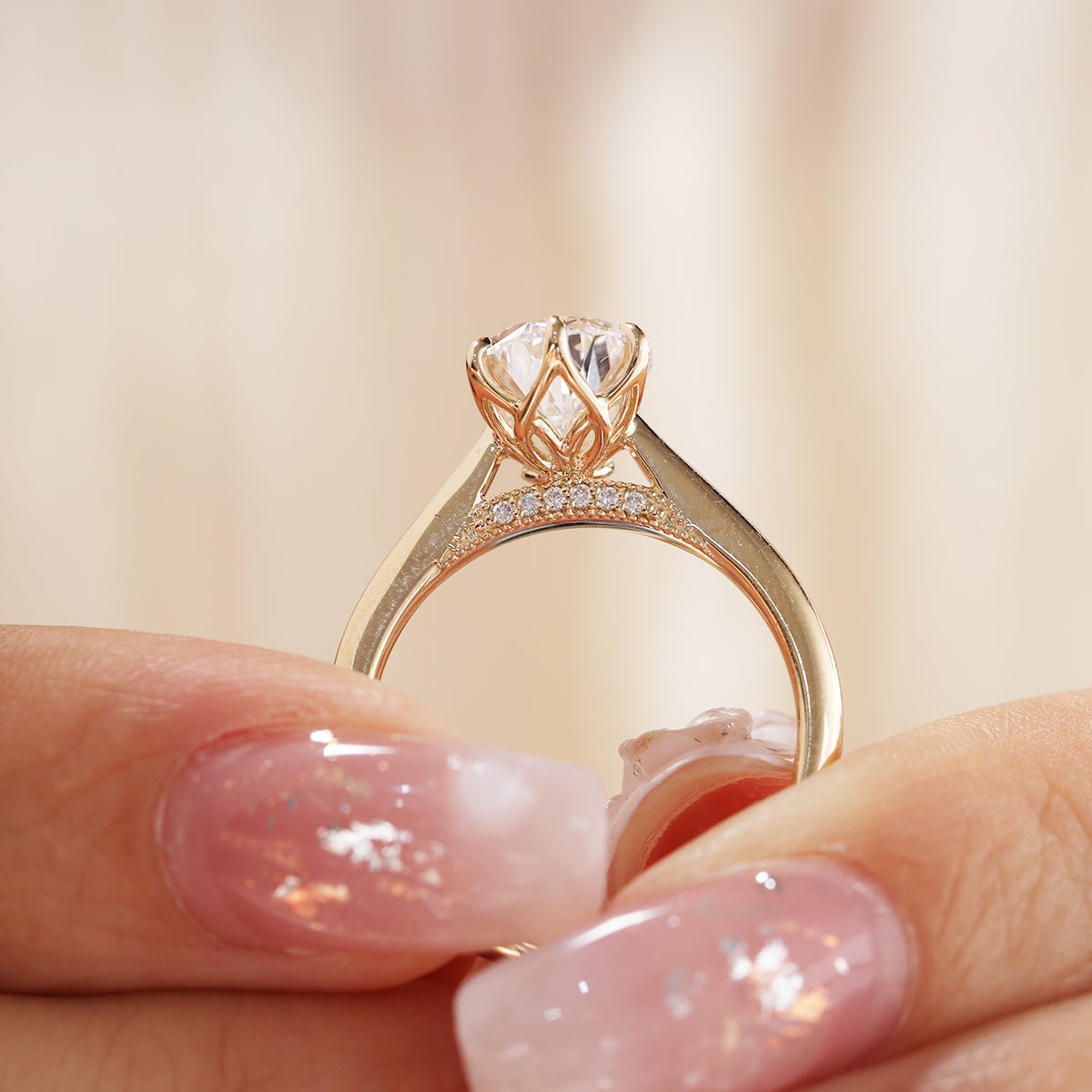 14K Yellow Gold 2ct Pear Cut Lab Diamond 6 Claw Prongs Floral Basket Ring with Hidden Round Diamond Millegrain Pave - MMR