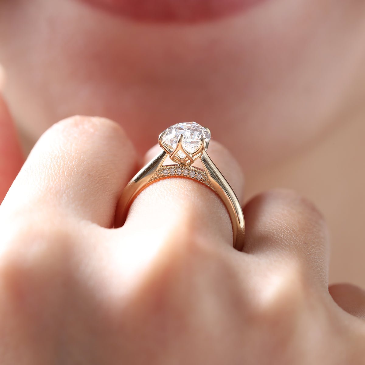 14K Yellow Gold 2ct Pear Cut Lab Diamond 6 Claw Prongs Floral Basket Ring with Hidden Round Diamond Millegrain Pave - MMR