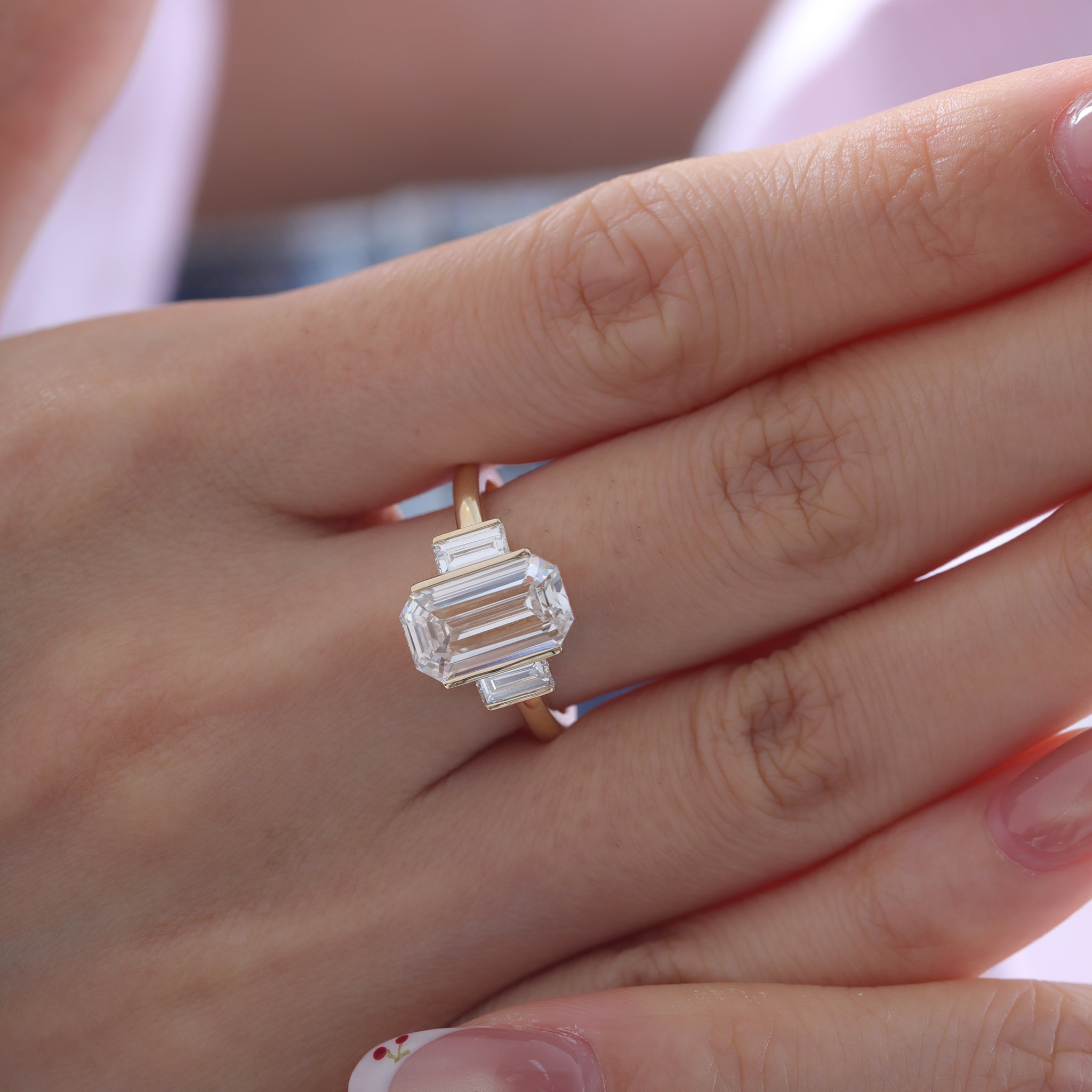 14K Yellow Gold 3.01ct Emerald Cut Lab Diamond Three-Stone Ring - MMR