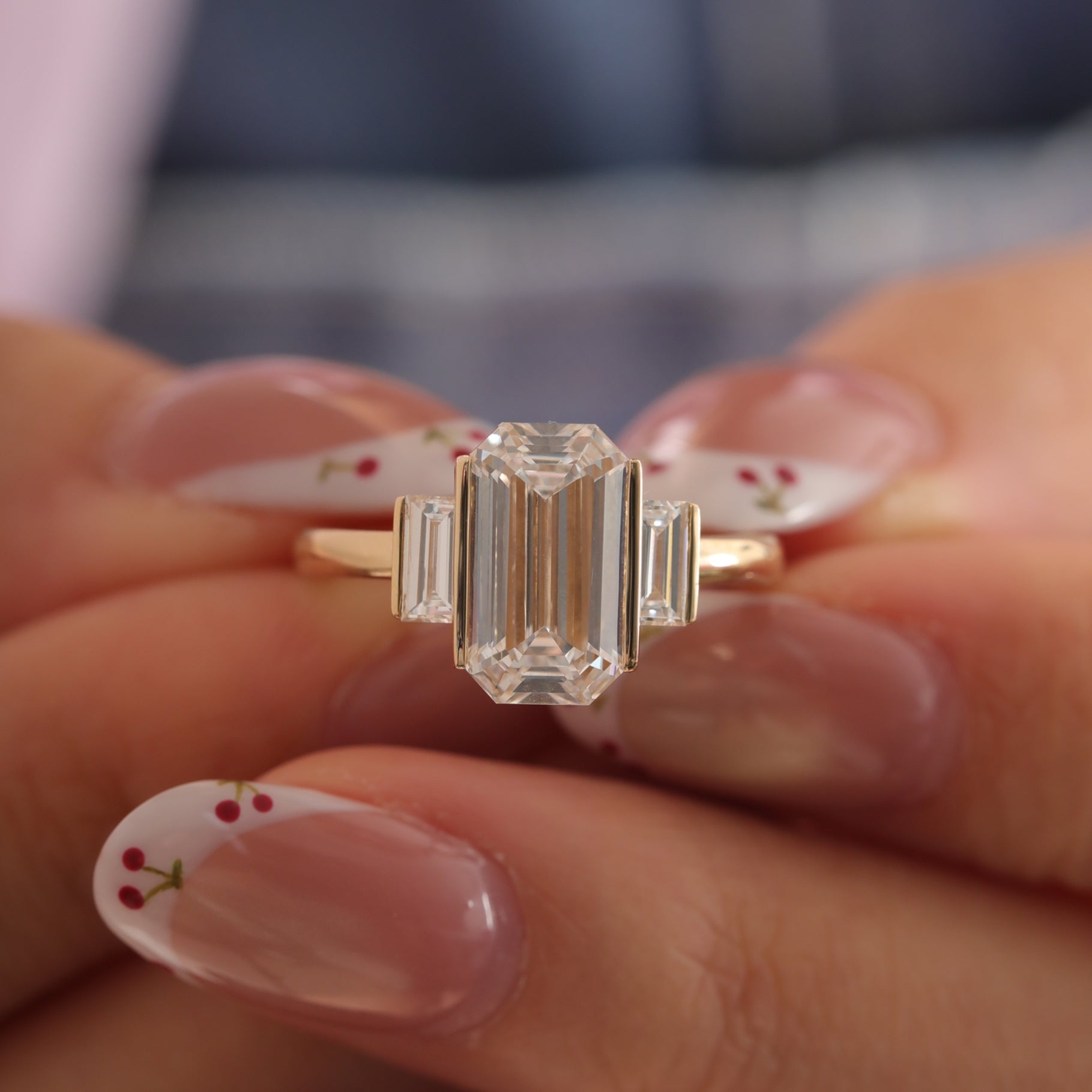 14K Yellow Gold 3.01ct Emerald Cut Lab Diamond Three-Stone Ring - MMR