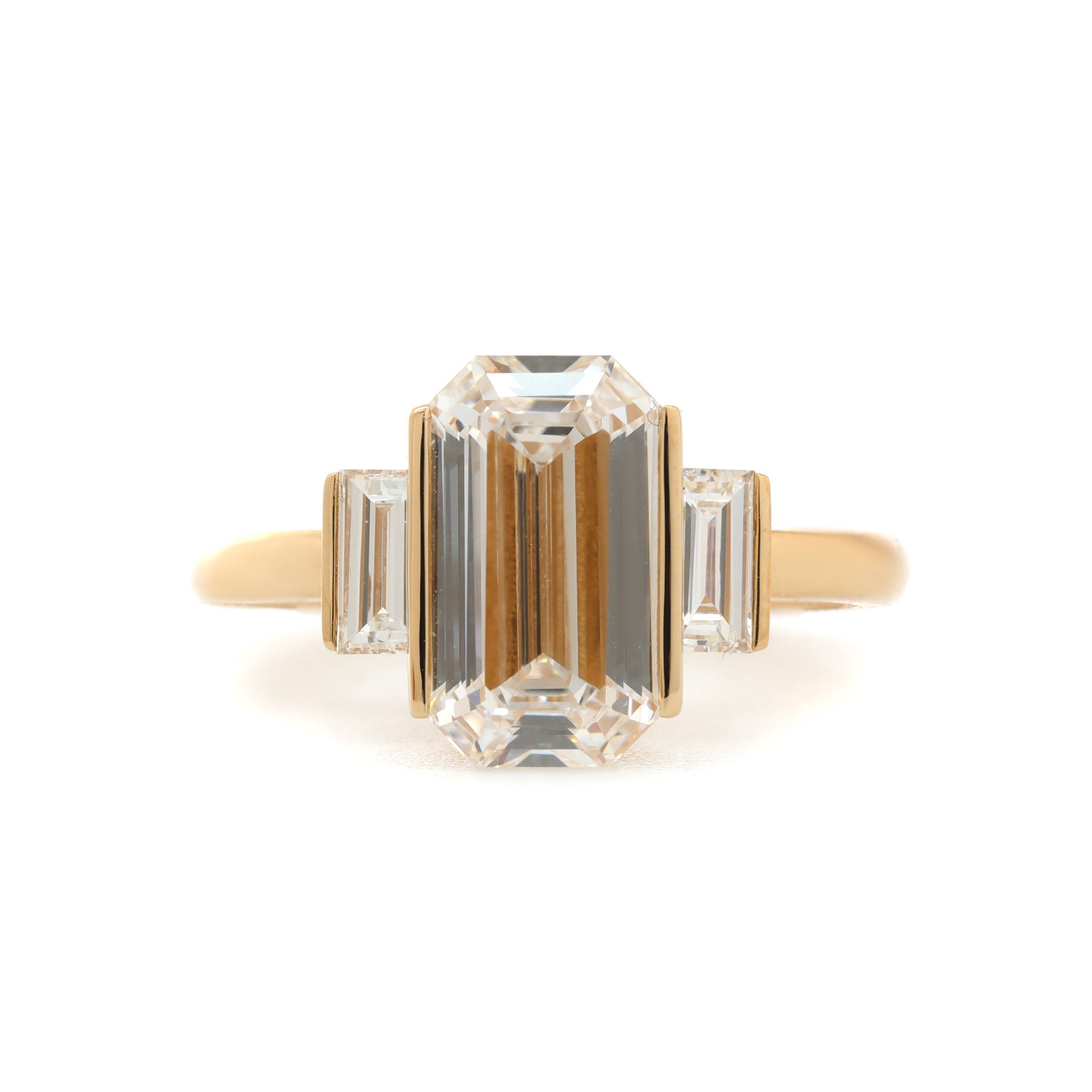 14K Yellow Gold 3.01ct Emerald Cut Lab Diamond Three-Stone Ring - MMR