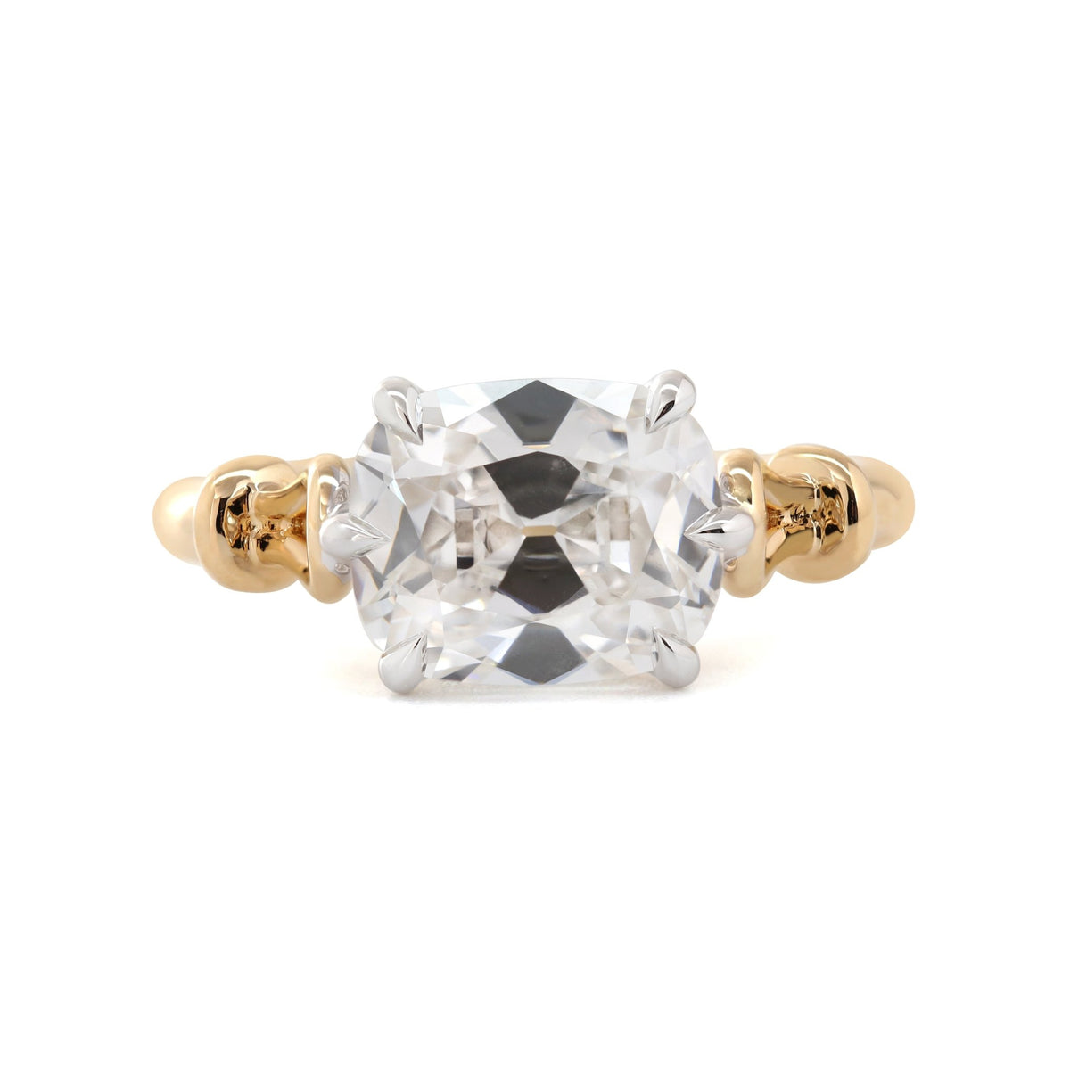 14K Yellow Gold 3.188CT Cushion Old Mine Cut Lab Diamond Vinatge Style East - West Design Ring - MMR