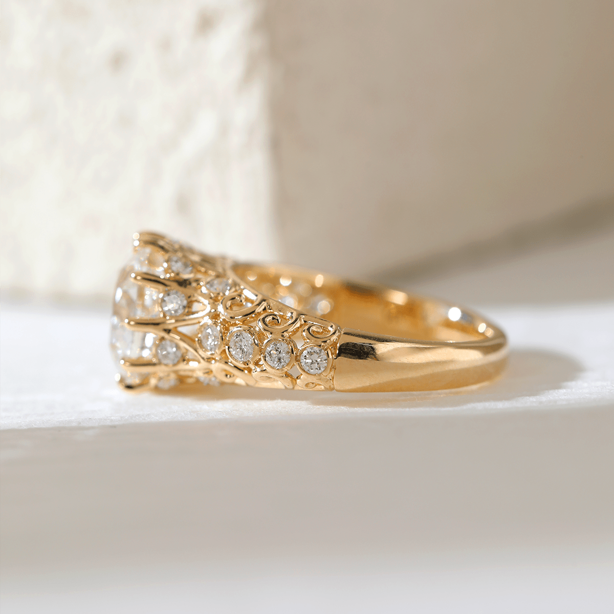 14K Yellow Gold 3.5ct Elongated Lab Diamond Antique - inspired Ring - MMR