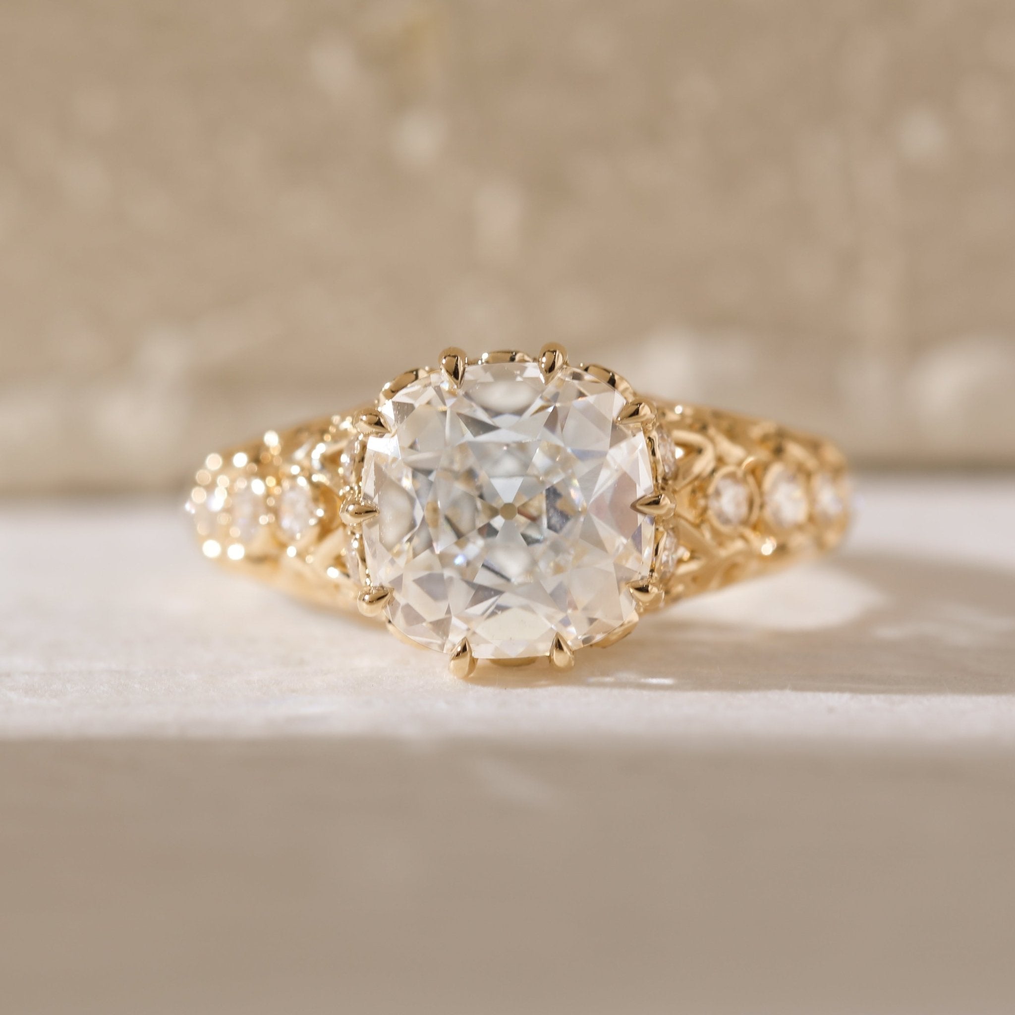 14K Yellow Gold 3.5ct Elongated Lab Diamond Antique - inspired Ring - MMR